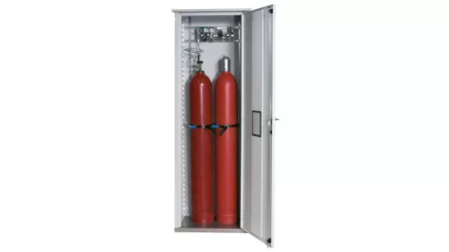 Sűrített gázpalack szekrény ablakkal, kültéri telepítéshez, 2 palackhellyel, széxméxma 700x400x2150 mm, horganyzott + ral 7035