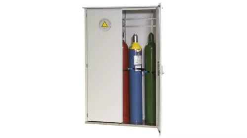 Sűrített gázpalack szekrény ablakkal, kültéri telepítéshez, 2 palackhellyel, széxméxma 700x400x2150 mm, horganyzott + ral 7035