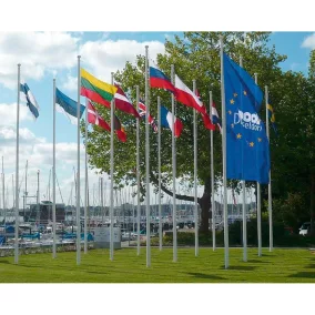   Üvegszálas erősítésű zászlórúd külső kötélvezetéssel és emelőszerkezettel, billenő szerelvénnyel, rúdvéggel és fehér zsinórtartóval, hossza 6 m