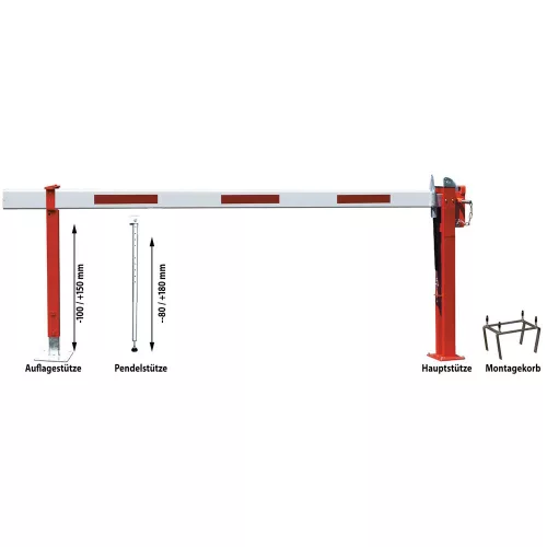 Útkorlát gázrugóval, ral 9010 hr színben, piros fényvisszaverő csíkokkal, fix tartóval, szélessége 3 m