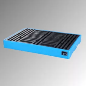   Polietilén padlóvédő tálca, széxméxma 860x1260x150 mm, kék, fekete pe raklappal, gyűjtőtérfogat 150 l, súly 20 kg, teherbírás 1000 kg