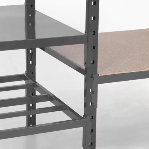 Többcélú, csavarmentes polcrendszer, csavarmentes polcrendszer, alsó rész széxméxma 1260x600x2000 mm, polcterhelés 460 kg, 4 szint, tömör lemez polcok, tartók és polcok ral 7024 grafitszürke színben