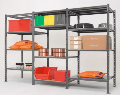 Többcélú, csavarmentes polcrendszer, csavarmentes polcrendszer, alsó rész széxméxma 1260x1000x2000 mm, polcterhelés 460 kg, 4 szint, tömör lemez polcok, tartók és polcok ral 7024 grafitszürke színben
