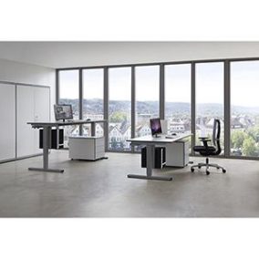   Íróasztal, elektromosan állítható magasságú, széxméxma 1600x800x650-1250 mm, 25 mm-es melamin asztallap, rögzítőelemekkel együtt kábeltálca, világosszürke/fehér alumínium