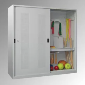   Labdaszekrény perforált lemezből készült tolóajtókkal, széxméxma 2000x600x1950 mm, 4 polc, 3 hosszanti és 4 kereszttartó, értéktárgytartó rekesz, zár, ral 7035