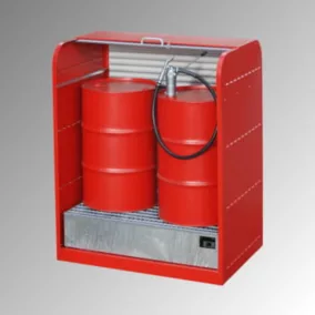   Veszélyes anyag tároló 2 db 200 literes hordóhoz, széxméxma 1300x870x1610 mm, 1 tálca, térfogata 215 l, redőny, ral 2000