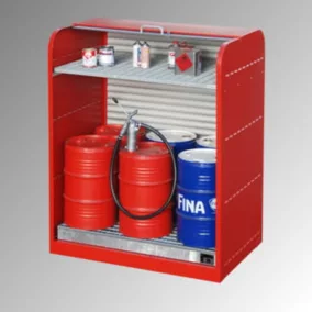   Veszélyes anyag tároló 6 db 60 literes hordó számára, szé x mé x ma 1300 x 870 x 1610 mm, 1 tálca, 1 rács, űrtartalom 73 l, redőny, ral 2000