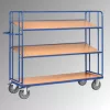Kínáló- és komissiózó kocsik, 3 fa polccal, rakodófelület hxsz 1250x610 mm, külső méretek 1430x620x1560 mm, teherbírás 500 kg, ral 5007 ragyogó kék