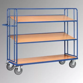 Kínáló- és komissiózó kocsik, 3 fa polccal, rakodófelület hxsz 1250x610 mm, külső méretek 1430x620x1560 mm, teherbírás 500 kg, ral 5007 ragyogó kék