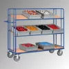 Kínáló- és komissiózó kocsik, 3 fa polccal, rakodófelület hxsz 1250x610 mm, külső méretek 1430x620x1560 mm, teherbírás 500 kg, ral 5007 ragyogó kék