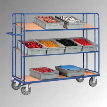 Kínáló- és komissiózó kocsik, 3 fa polccal, rakodófelület hxsz 1250x610 mm, külső méretek 1430x620x1560 mm, teherbírás 500 kg, ral 5007 ragyogó kék