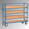 Kínáló- és komissiózó kocsik, 3 fa polccal, rakodófelület hxsz 1250x610 mm, külső méretek 1430x620x1560 mm, teherbírás 500 kg, ral 5007 ragyogó kék