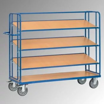 Kínáló- és komissiózó kocsik, 3 fa polccal, rakodófelület hxsz 1250x610 mm, külső méretek 1430x620x1560 mm, teherbírás 500 kg, ral 5007 ragyogó kék