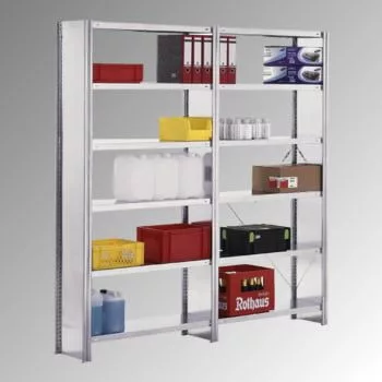 Csavarmentes polc oldalfalakkal, horganyzott, alsó rész, 6 horganyzott polc, polcterhelés 350 kg, széxméxma 1005x600x2500 mm