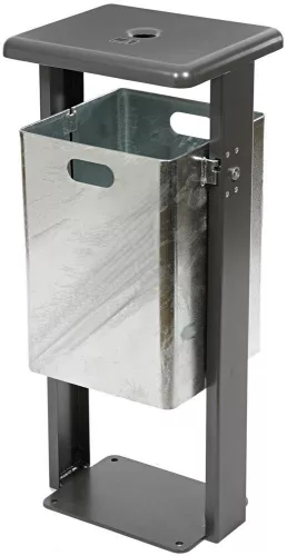 Szögletes szemetes fedéllel, kb. 40 literes, tűzihorganyzott, db 703 acél fedéllel és állvánnyal, csavarozható alaplappal, hamutartós fedéllel