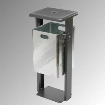 Szögletes szemetes fedéllel, kb. 40 literes, tűzihorganyzott, ral 7016 fedéllel és állvánnyal, csavarozható alaplappal, hamutartós fedéllel