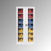 Kétajtós szekrény betekintőablakkal, 5 polccal, felszerelt, széxméxma 950x420x1950 mm, dobozok: 4x méret. 3z piros, 8xgr. 3z kék, ral 6011/6011