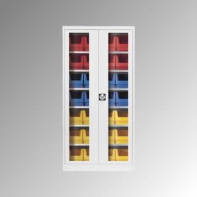   Kétajtós szekrény betekintőablakkal, 6 polccal, felszerelt, széxméxma 950x420x1950 mm, dobozok: 8xgr. 3 piros, 8xgr. 3 kék, 12xgr. 3 sárga, ral 6011/6011