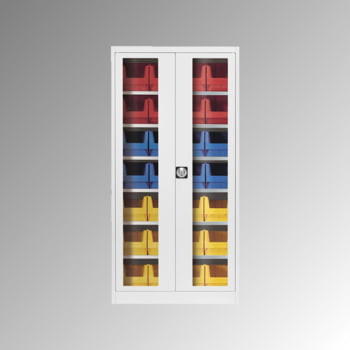 Kétajtós szekrény betekintőablakkal, 5 polccal, felszerelt, széxméxma 950x420x1950 mm, dobozok: 4x méret. 3z piros, 8xgr. 3z kék, ral 6011/6011