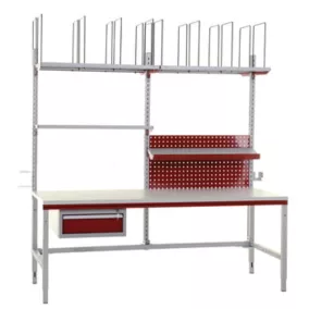   Csomagolóasztal-készlet, manuálisan állítható magasságú, széxméxma 2000x800x690-960 mm, fehér alumínium/rubinvörös, 1. szett
