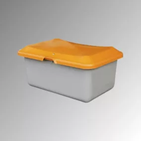   100 l-es homoktartály, külső méretek sz x m x ma 890x600x340 mm, kihúzónyílás és targoncatalp nélkül, szürke test, narancssárga fedél