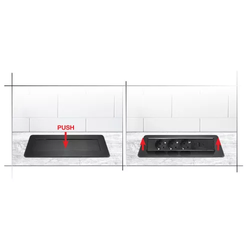 Commel bútorba süllyeszthető, rejtett elosztó 3 db aljzat, USB A+C fekete, 16A 3680W