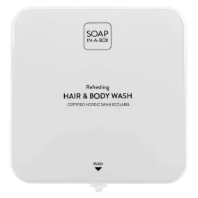   Soap-In-A-Box fényes fehér tusfürdő és sampon adagoló, előlap