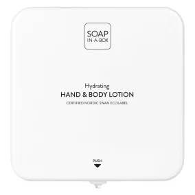   Soap-In-A-Box fényes fehér kéz- és testápoló adagoló, előlap