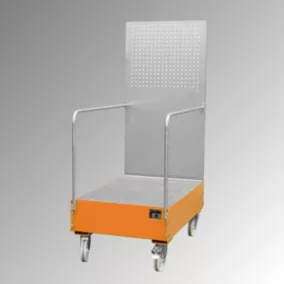   Kármentő perforált lemezzel, 3 mm-es acéllemez, ral 2000, mobil, 2 db 200 literes hordóhoz, álló tárolás, széxméxma 1280x800x2015 mm, gyűjtőtérfogat. 215 liter