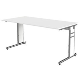   Íróasztal, széxméxma 1600x800x680-820 mm, c-lábú alumínium váz, ezüst színű, fehér asztallap, tartozék. kábelcsatorna