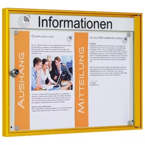   Vitrin, széxméxma 500x27x380 mm, 2xdin a4, sárga alumínium profilok, esg üveg, fehér hátlap, mágneses.