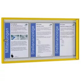   Vitrin, széxméxma 725x27x380 mm, 3xdin a4, sárga alumínium profilok, esg üveg, fehér hátlap, mágneses.