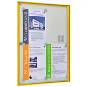   Vitrin, széxméxma 500x27x700 mm, 4xdin a4, sárga alumínium profilok, esg üveg, fehér hátlap, mágneses.