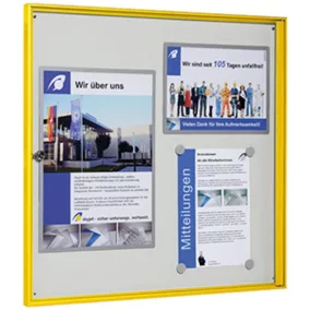   Vitrin, széxméxma 725x27x700 mm, 6xdin a4, sárga alumínium profilok, esg üveg, fehér hátlap, mágneses.