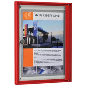   Vitrin, széxméxma 280x27x380 mm, 1xdin a4, piros alumínium profilok, esg üveg, fehér hátlap, mágneses.