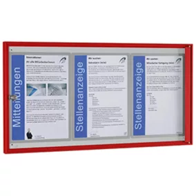   Vitrin, széxméxma 725x27x380 mm, 3xdin a4, piros alumínium profilok, esg üveg, fehér hátlap, mágneses.