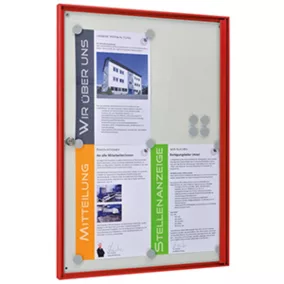   Vitrin, széxméxma 500x27x700 mm, 4xdin a4, piros alumínium profilok, esg üveg, fehér hátlap, mágneses.