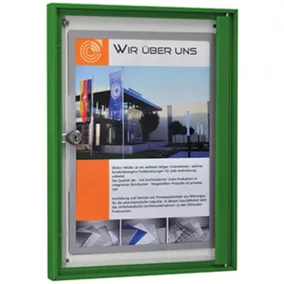   Vitrin, széxméxma 280x27x380 mm, 1xdin a4, zöld alumínium profilok, esg üveg, fehér hátlap, mágneses.