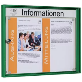   Vitrin, széxméxma 500x27x380 mm, 2xdin a4, zöld alumínium profilok, esg üveg, fehér hátlap, mágneses.