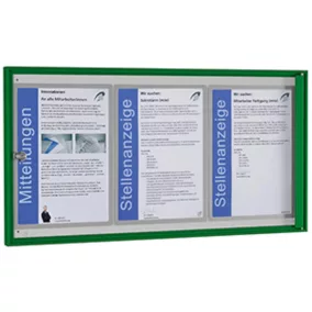   Vitrin, széxméxma 725x27x380 mm, 3xdin a4, zöld alumínium profilok, esg üveg, fehér hátlap, mágneses.