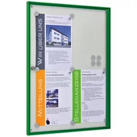   Vitrin, széxméxma 500x27x700 mm, 4xdin a4, zöld alumínium profilok, esg üveg, fehér hátlap, mágneses.