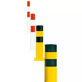   Csavarozható oszlopok, tűzihorganyzott és fehér műanyag bevonattal + pirosra festett csíkokkal, átmérő. 90 mm, magasság 1200 mm