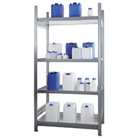   Kiskiszerelésű termék állvány 4 db 30 literes rekeszes tálcával, széxméxma 1060x635x2000 mm, horganyzott, alsó rész