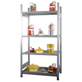   Kiskiszerelésű termék állvány 1x30 literes rekeszes tálcával és 3 rácsos polccal, széxméxma 1060x635x2000 mm, horganyzott, alsó rész