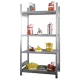 Kiskiszerelésű termék állvány 1x30 literes rekeszes tálcával és 3 rácsos polccal, széxméxma 1360x635x2000 mm, horganyzott, alsó rész