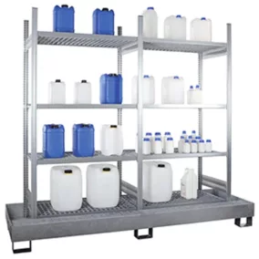   Kiskiszerelésű termék állvány 2x4 rácsos polcokkal és 1 horganyzott csepptálcával, űrtartalom 210 l, széxméxma 2085x635x2100 mm