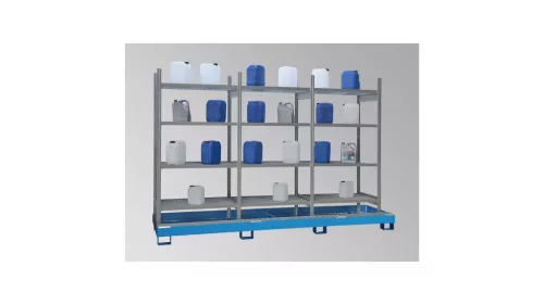 Kiskiszerelésű termék állvány 3x4 rácsos polcokkal és 1 csepptálcával ral 5015, űrtartalom 210 l, széxméxma 3200x635x2100 mm