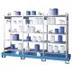 Kiskiszerelésű termék állvány 3x5 rácsos polccal és 1 csepptálcával ral 5015, űrtartalom 210 l, széxméxma 3200x635x2100 mm