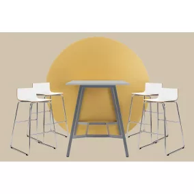   Asztal és szék szett, 4 bárszékből és 1 db 1800 mm széles magas asztalból áll, asztallap palaszürke, ülőke fehér