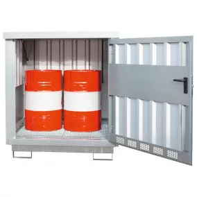   Veszélyes anyag tároló 2 db 200 literes hordóhoz, szé x mé x ma 1535x1290x1730 mm, gyűjtőtérfogat. 205 l, horganyzott